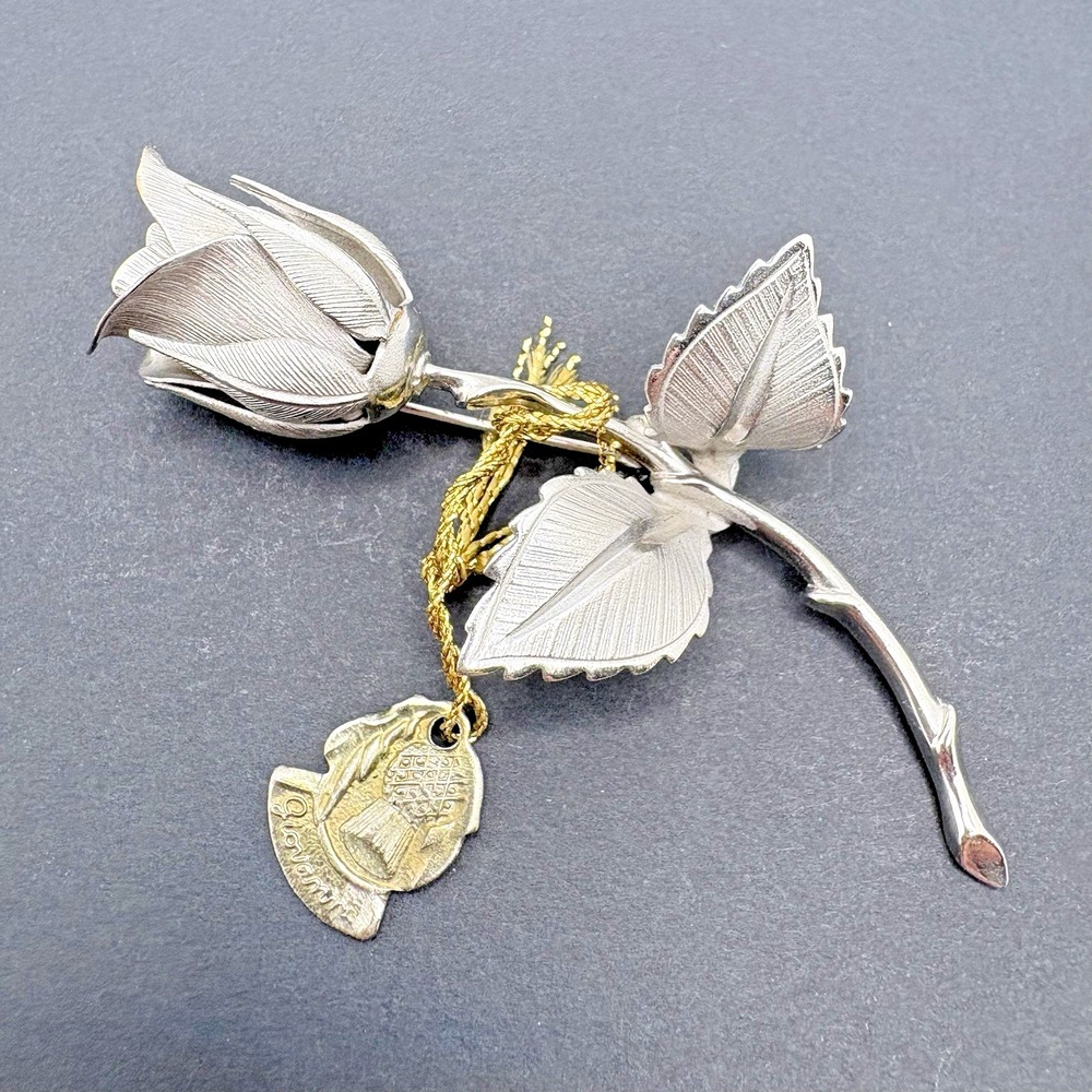 Vintage Giovanni Christmas Rose Brooch Flower 1966 w/ Original Tag Silver Tone